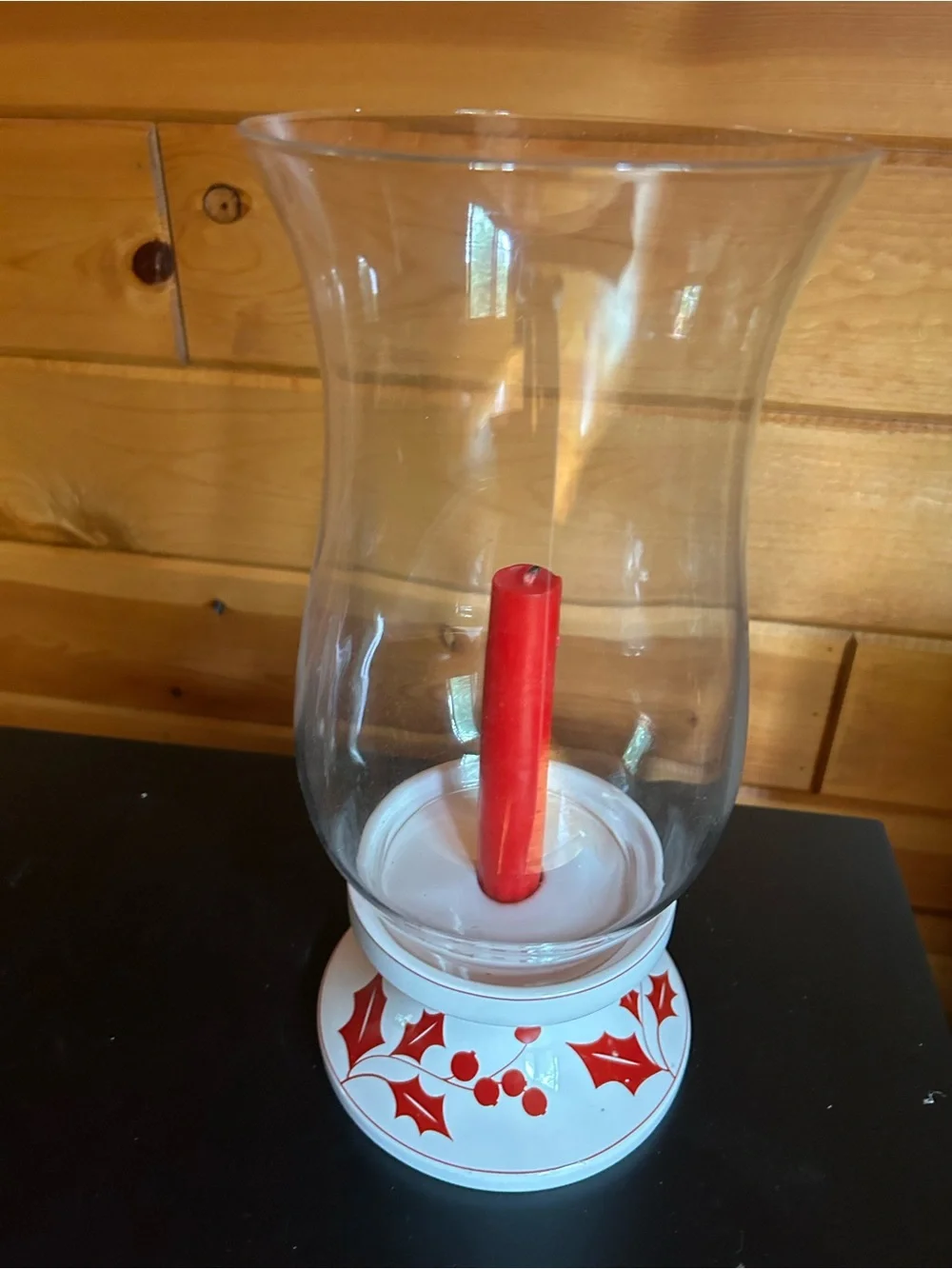 Lenox White / Red Holly Glass Hurricane Candle Holder with Red Pillar Candle 🕯️